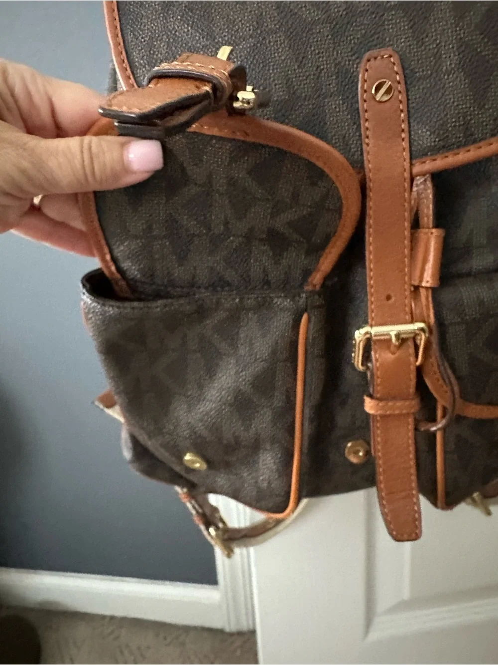 Michael Kors Dark Brown Monogram Backpack with Tan Trim